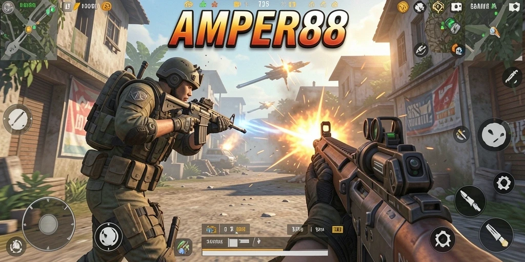 Tampilan aksi seru dalam game TPS AMPER88.