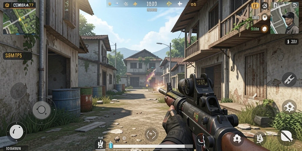 Tangkapan layar gameplay CEMARA77 yang menampilkan aksi tembak-menembak yang intens.
