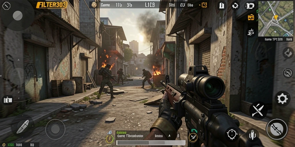 Tampilan gameplay menegangkan dalam FILTER303 dengan aksi yang intens.