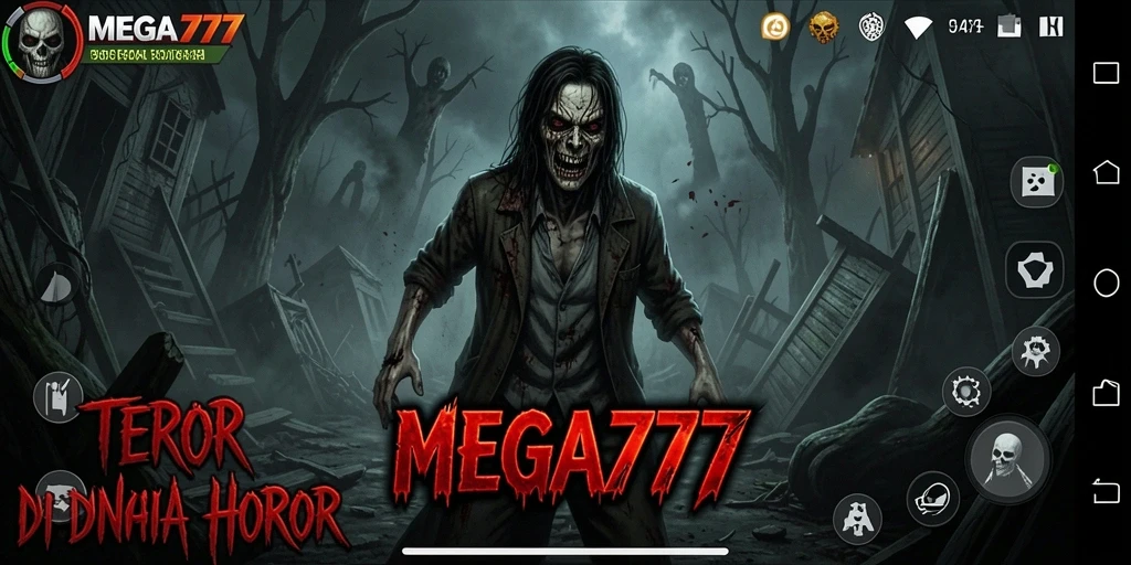 Tampilan gameplay menakutkan di dalam MEGA777 dengan suasana horor yang mendalam.