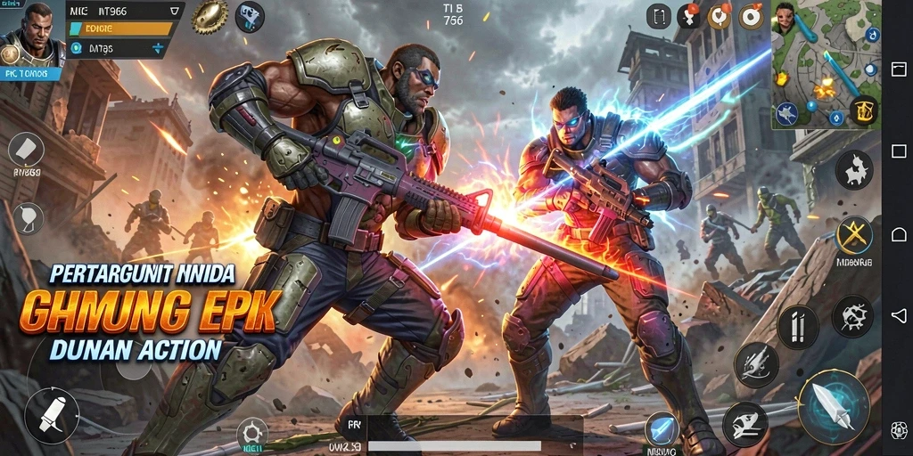 Screenshot menunjukkan pertarungan epik dalam game Action.