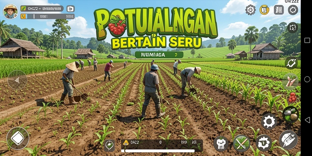 Screenshot gameplay menunjukkan ladang yang indah dan aktivitas bertani.