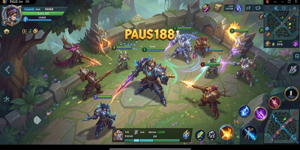 Screenshot gameplay PAUS188 dengan pertempuran seru di arena MOBA.