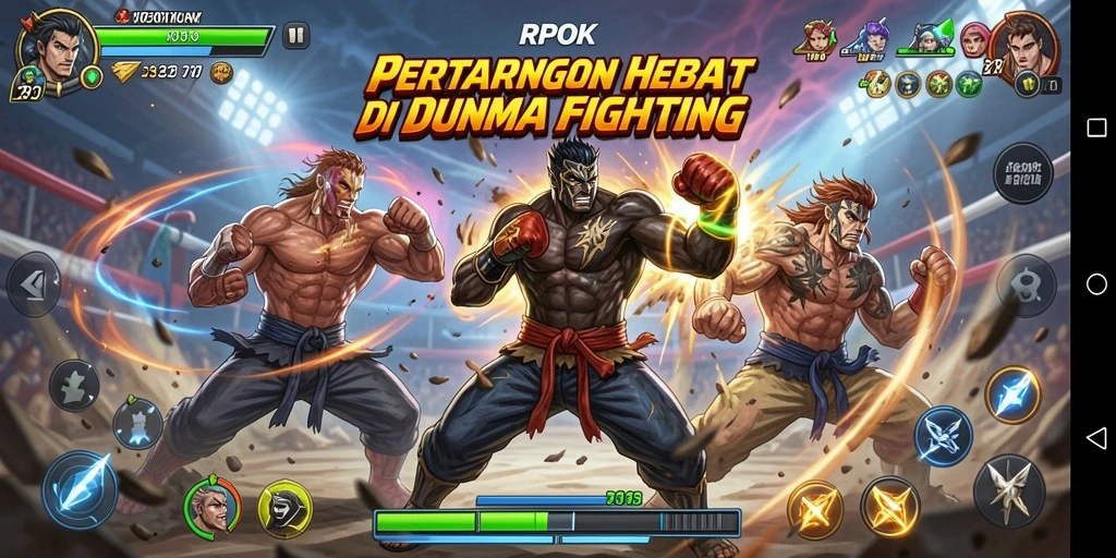 Screenshot RPOK menampilkan pertarungan seru antara dua karakter di arena.