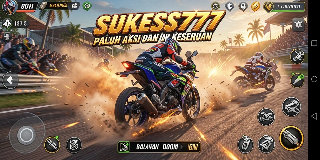 Tangkapan layar gameplay <strong>SUKSES777</strong> menampilkan aksi balapan motor yang mendebarkan.