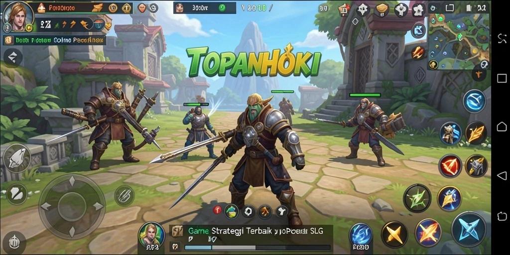 Tangkapan layar gameplay menampilkan pertempuran epik dan strategi SLG.