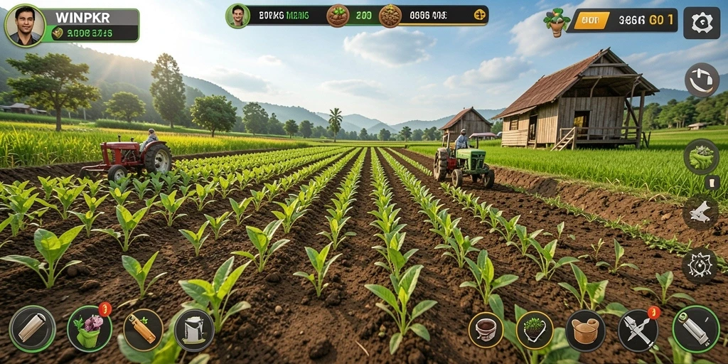 Tampilan gameplay <strong>WINPKR</strong> menunjukkan aktivitas bertani yang seru dan interaktif.
